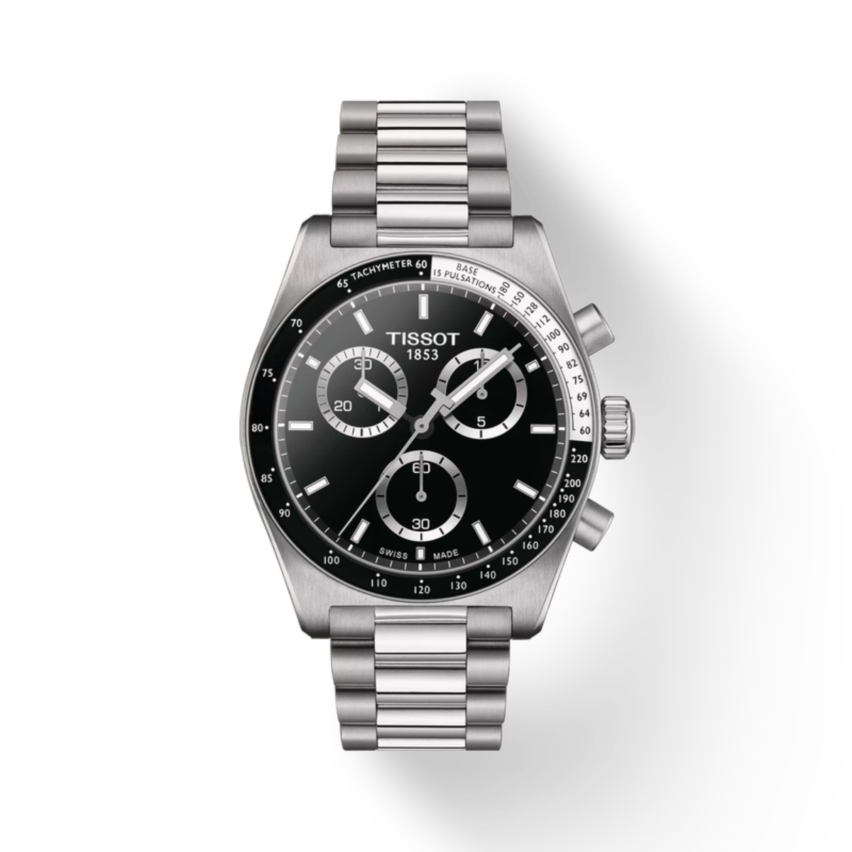 Silver Tissot watch with black dial on a white background