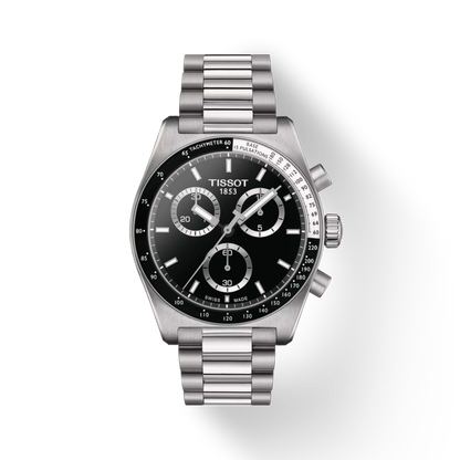 Silver Tissot watch with black dial on a white background