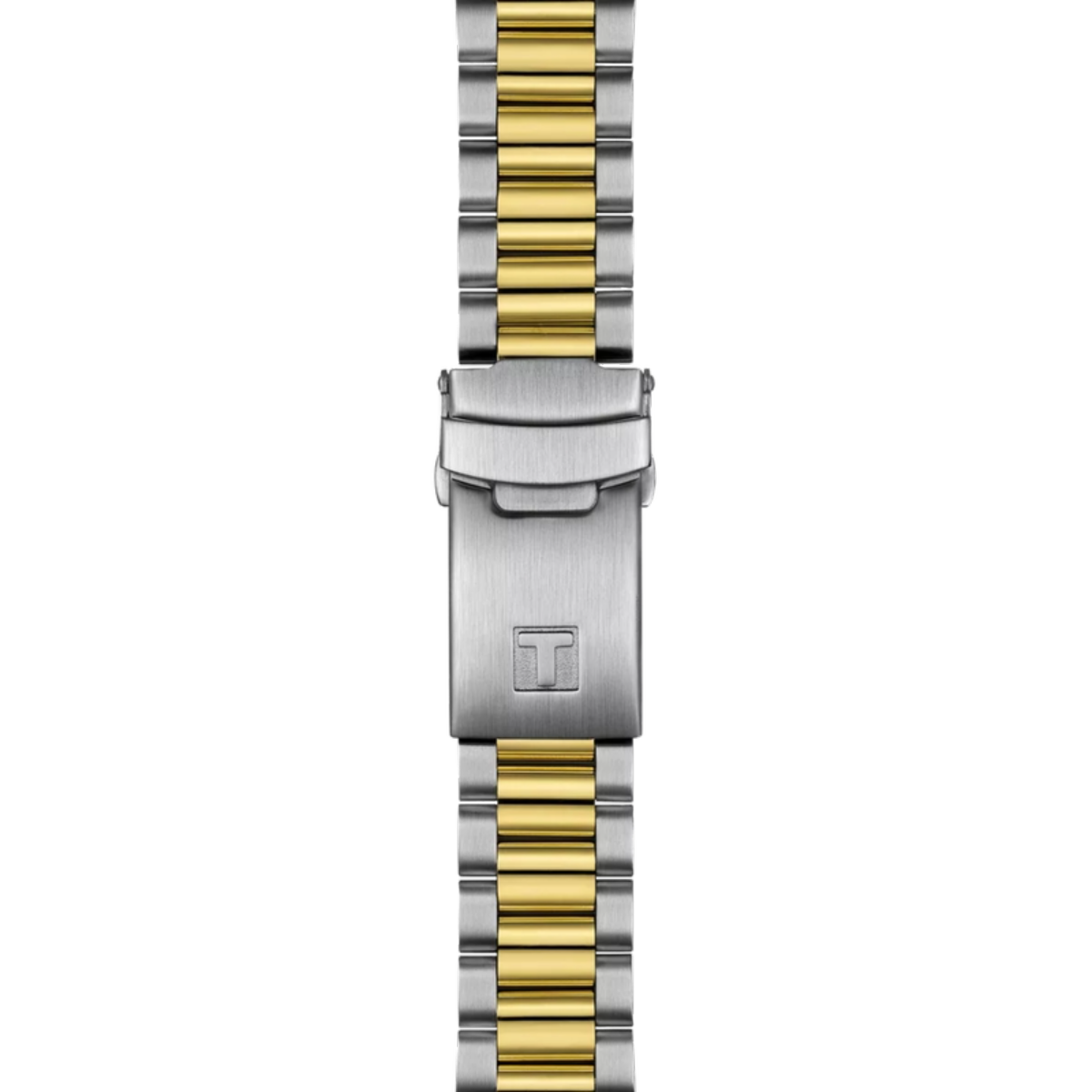 Two-tone silver and gold watch strap on a white background