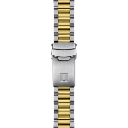 Two-tone silver and gold watch strap on a white background