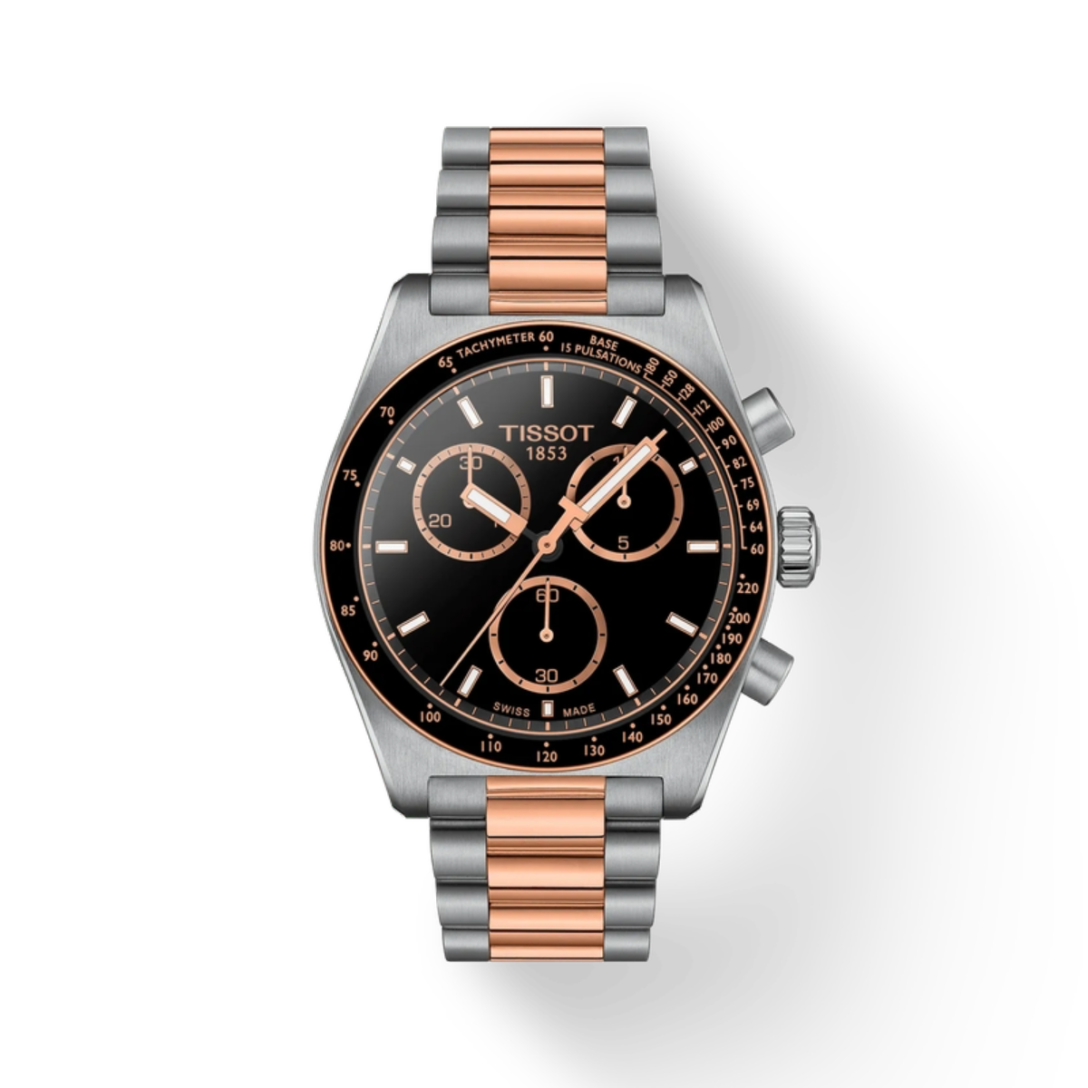 Tissot watch with black dial and rose gold accents on a white background