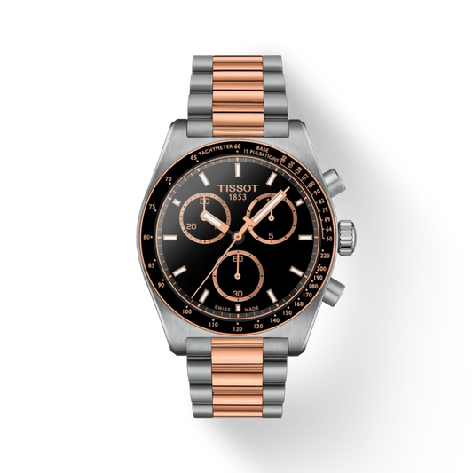 Tissot watch with black dial and rose gold accents on a white background