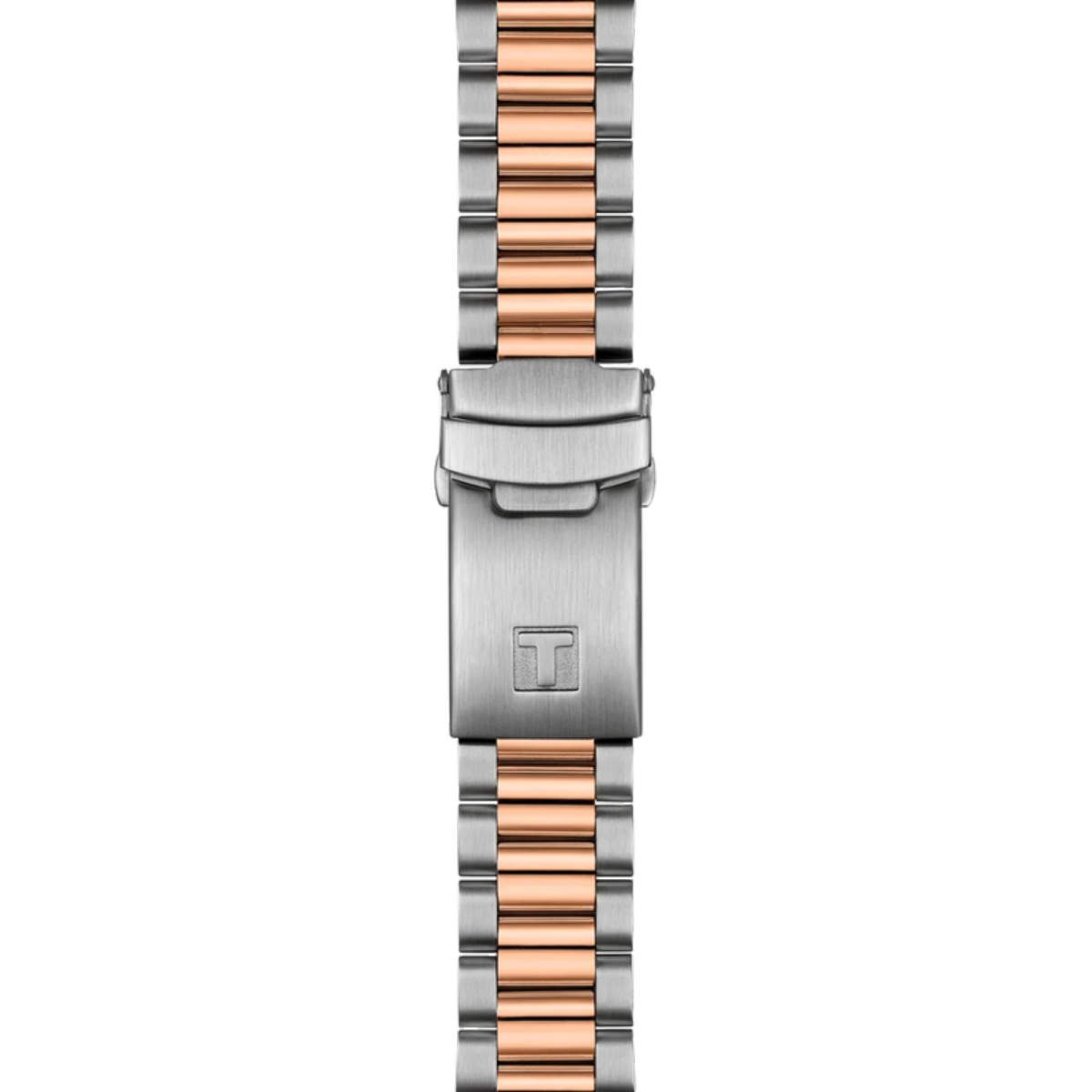 Two-tone watch strap with rose gold and silver colors on a white background