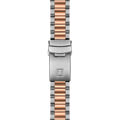 Two-tone watch strap with rose gold and silver colors on a white background