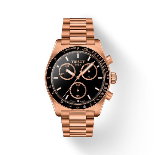 Rose gold Tissot watch with black dial on a white background