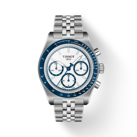 Tissot watch with silver bracelet and blue and white face on a white background