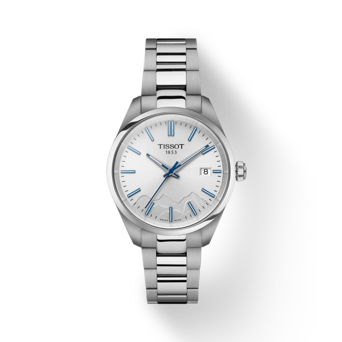 Silver Tissot watch with blue accents on a white background