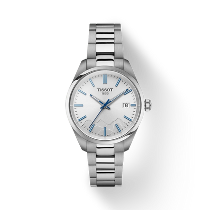 Silver Tissot watch with blue accents on a white background
