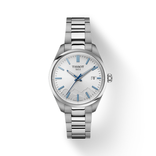Silver Tissot watch with blue accents on a white background