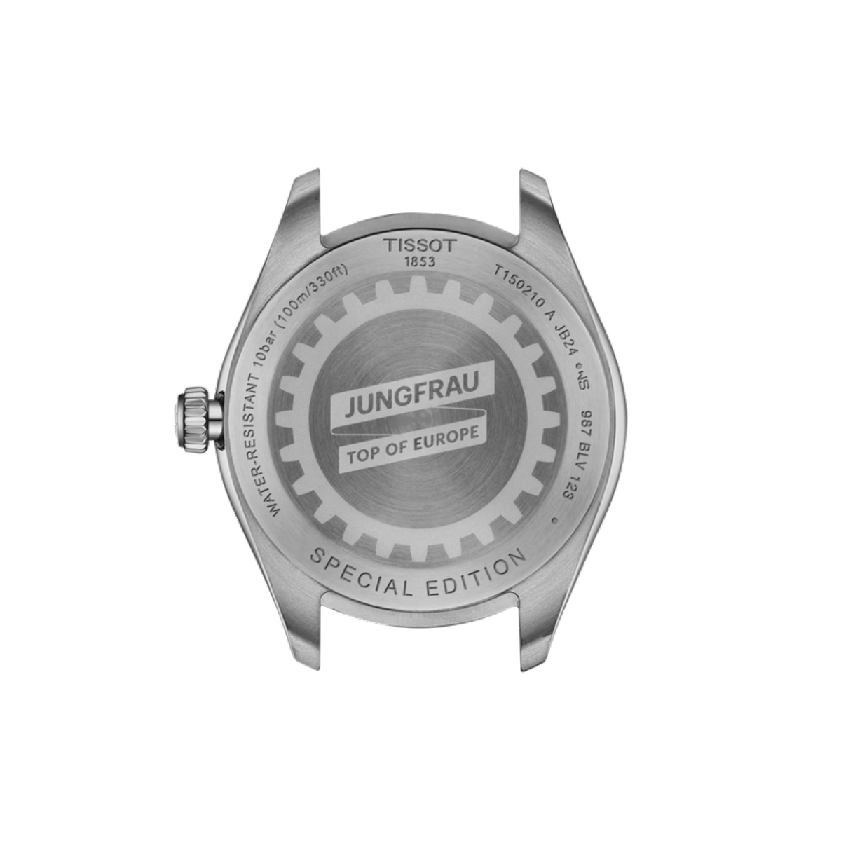 Back view of a Tissot watch with 'Jungfrau' and 'Top of Europe' text on a white background