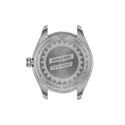 Back view of a Tissot watch with 'Jungfrau' and 'Top of Europe' text on a white background