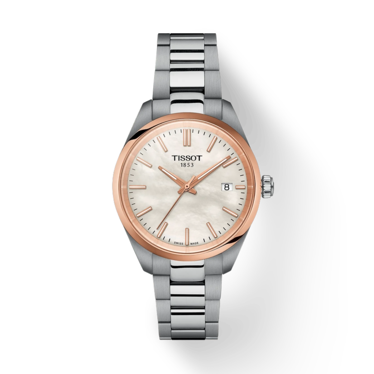 Tissot watch with silver and rose gold design on a white background