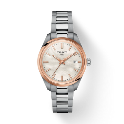 Tissot watch with silver and rose gold design on a white background