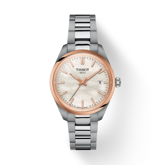 Tissot watch with silver and rose gold design on a white background