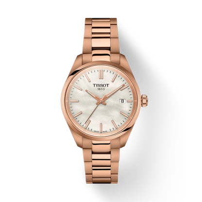 Rose gold Tissot watch on a white background