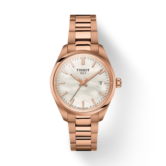 Rose gold Tissot watch on a white background