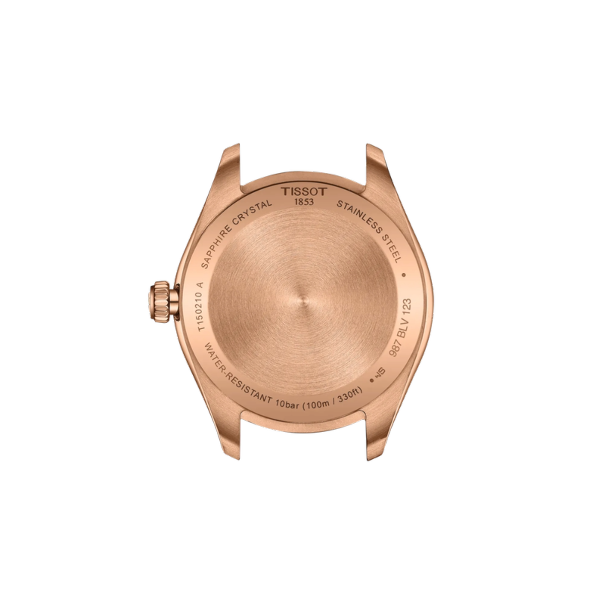 Rose gold watch case with Tissot branding on a white background