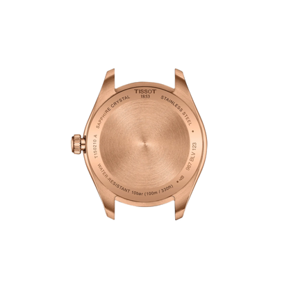 Rose gold watch case with Tissot branding on a white background