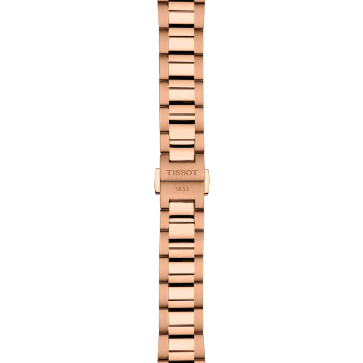Rose gold watch strap with Tissot logo on a white background