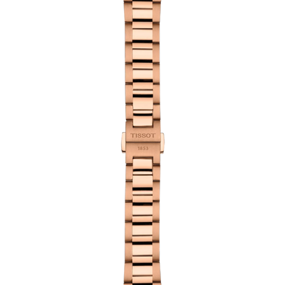 Rose gold watch strap with Tissot logo on a white background