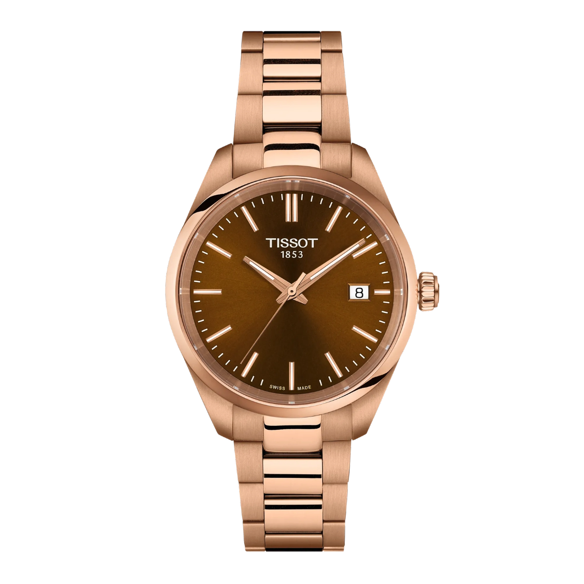 Rose gold Tissot watch with brown dial on a white background