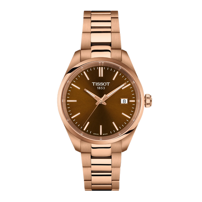 Rose gold Tissot watch with brown dial on a white background