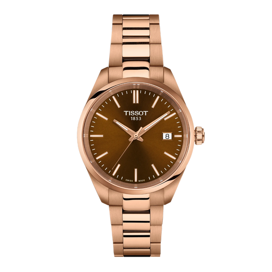 Rose gold Tissot watch with brown dial on a white background