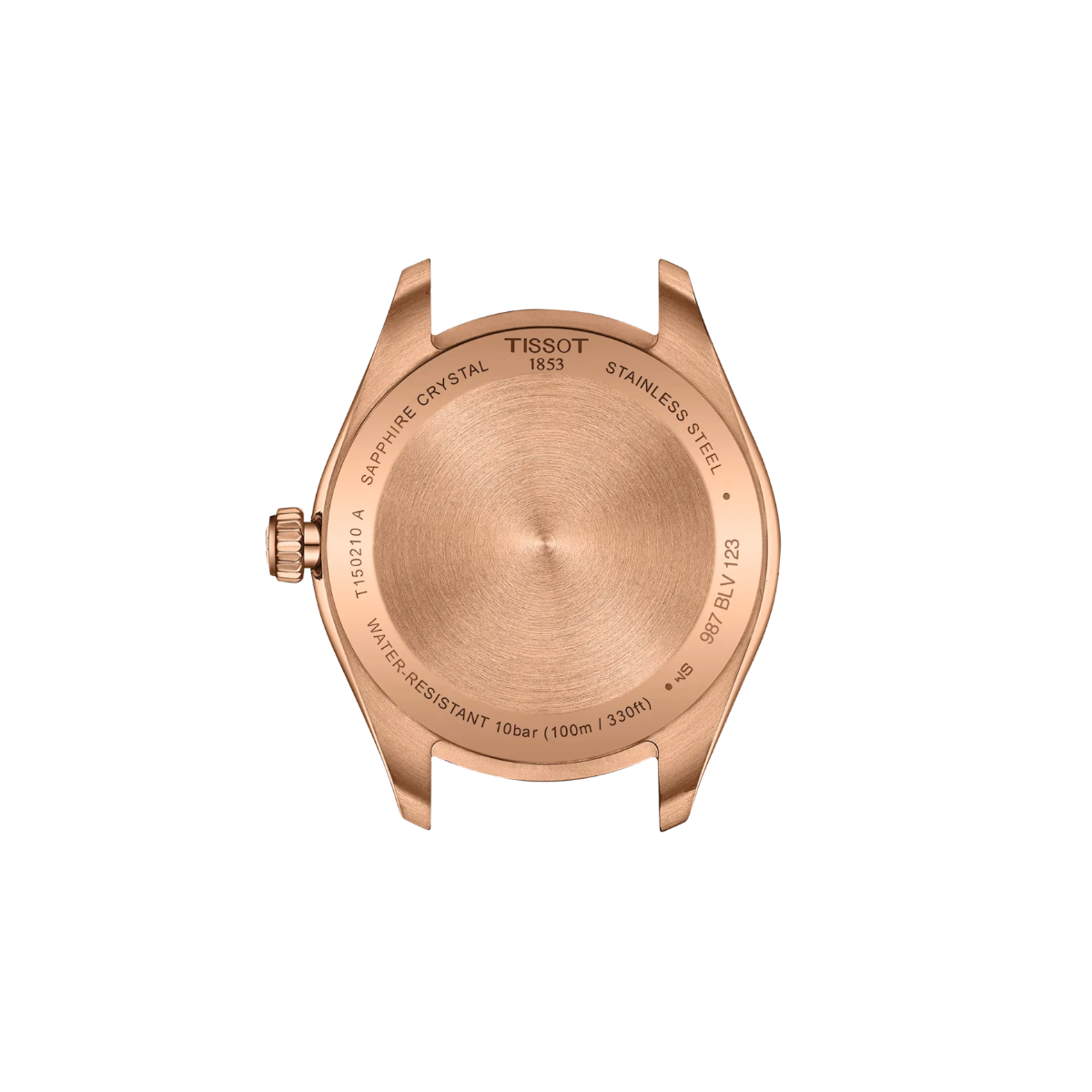 Rose gold watch case with Tissot branding on a white background
