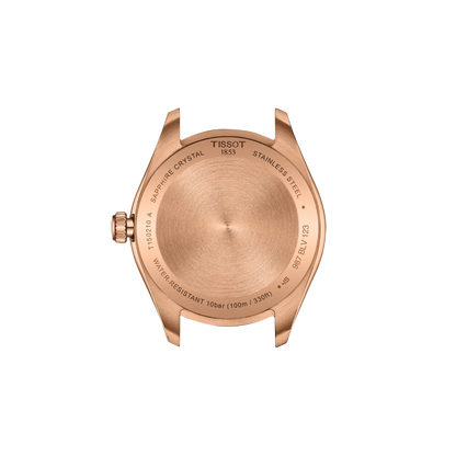 Rose gold watch case with Tissot branding on a white background