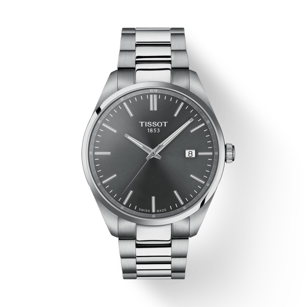 Silver Tissot watch with dark face on a white background