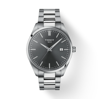 Silver Tissot watch with dark face on a white background