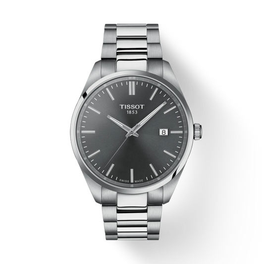 Silver Tissot watch with dark face on a white background