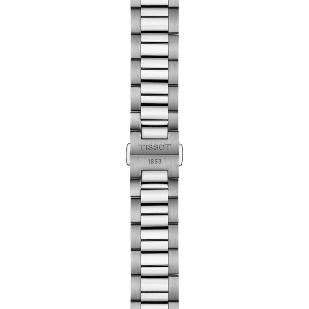 Silver watch band with Tissot logo on a white background