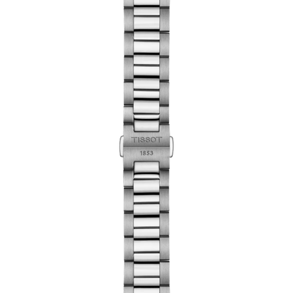 Silver watch band with Tissot logo on a white background