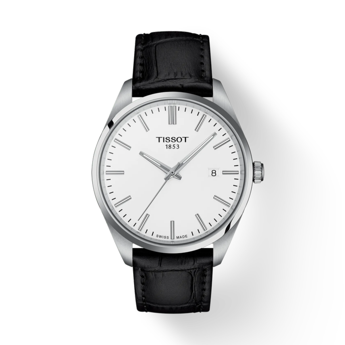 Tissot watch with black leather strap on a white background