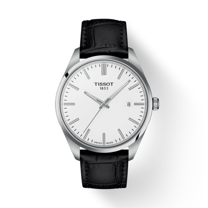 Tissot watch with black leather strap on a white background