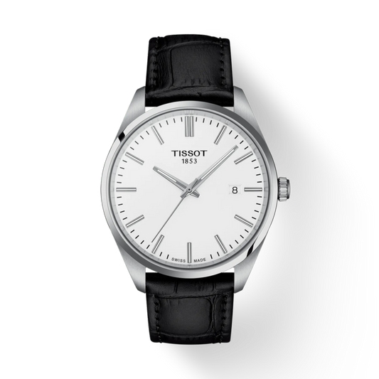 Tissot watch with black leather strap on a white background