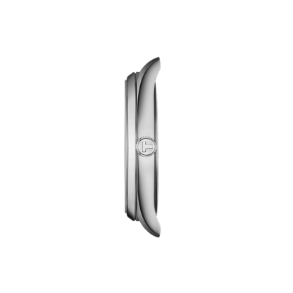 Silver watch case on a white background