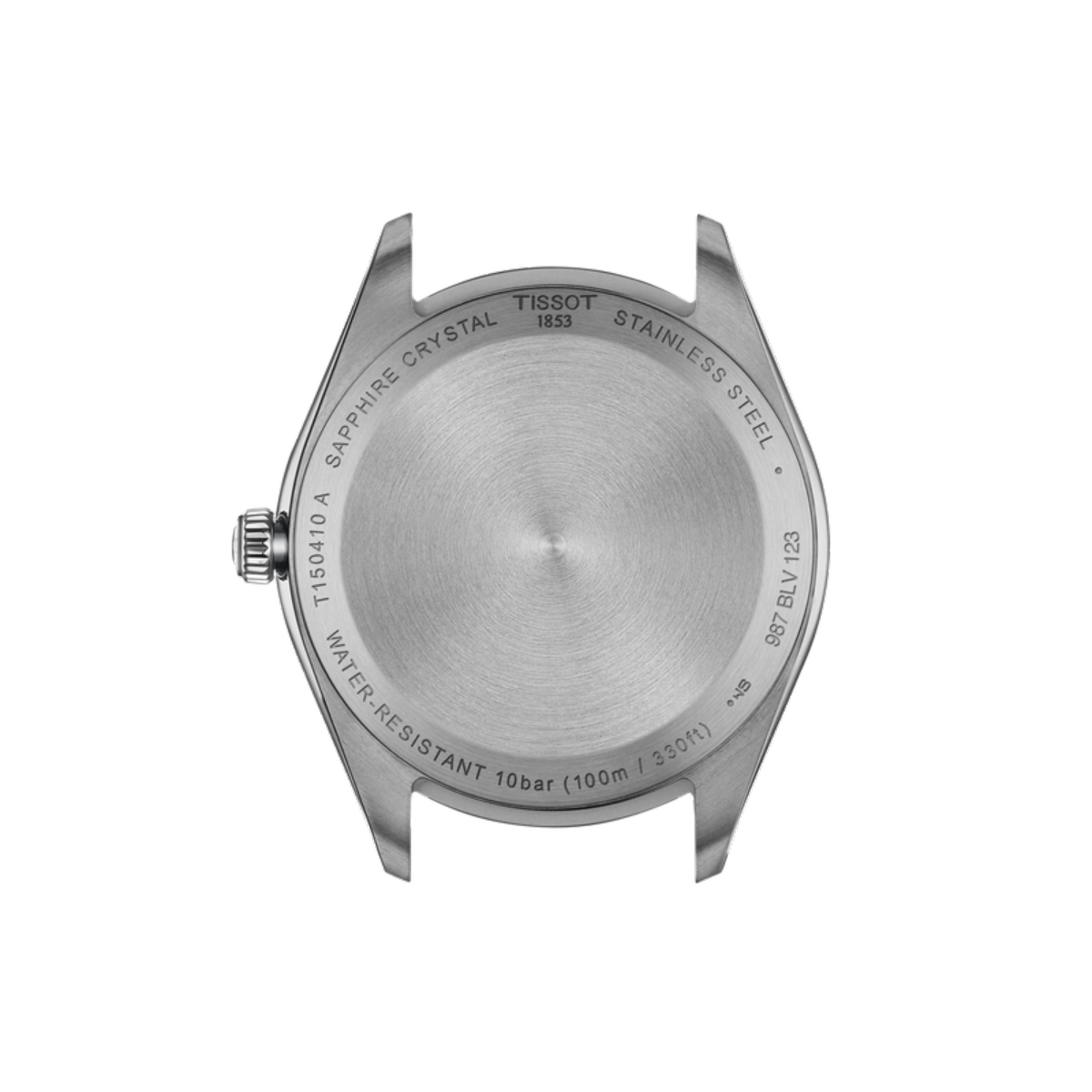 Back view of a Tissot watch with branding and specifications on a white background