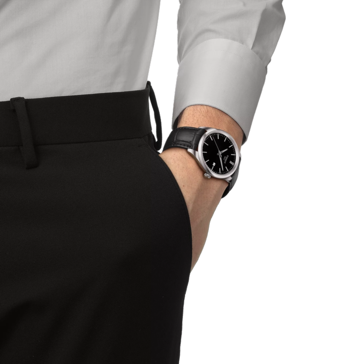 Person wearing a black watch on a white background