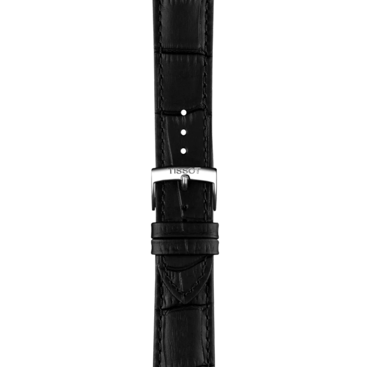 Black watch strap with Tissot logo on a white background