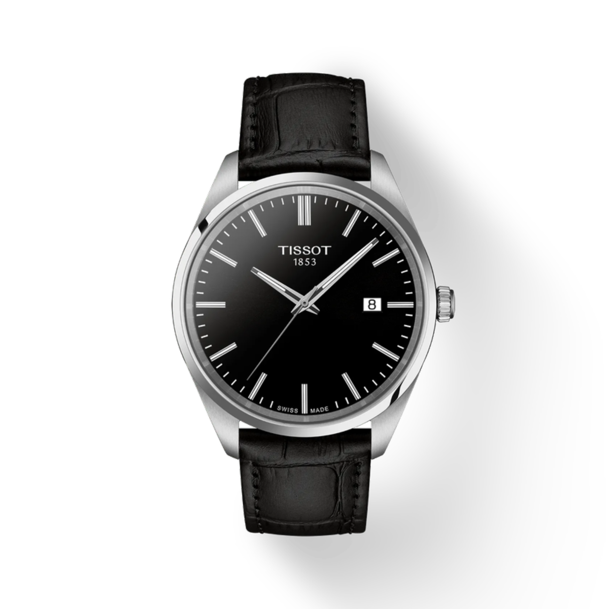Tissot watch with black leather strap and black dial on a white background