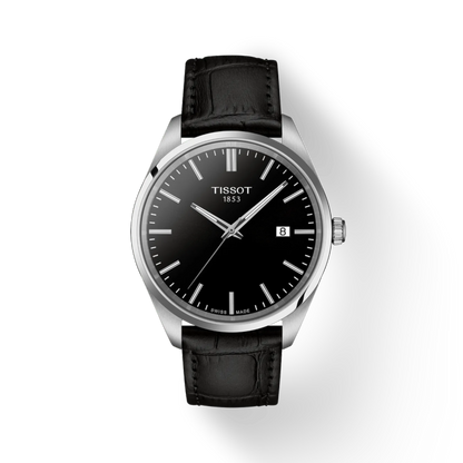 Tissot watch with black leather strap and black dial on a white background
