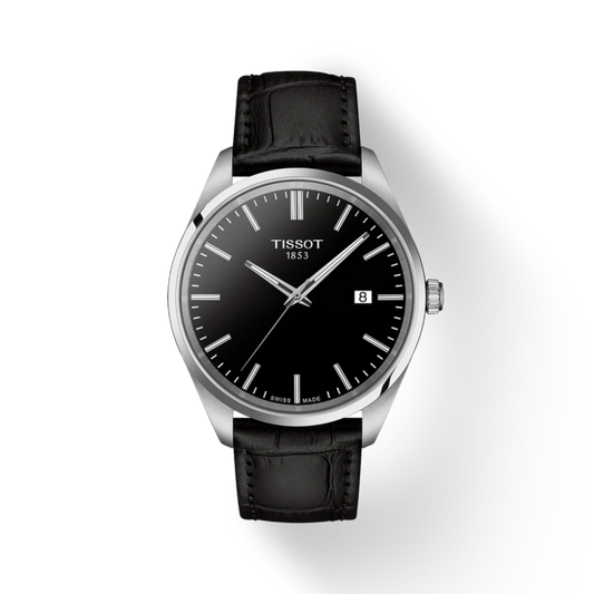 Tissot watch with black leather strap and black dial on a white background