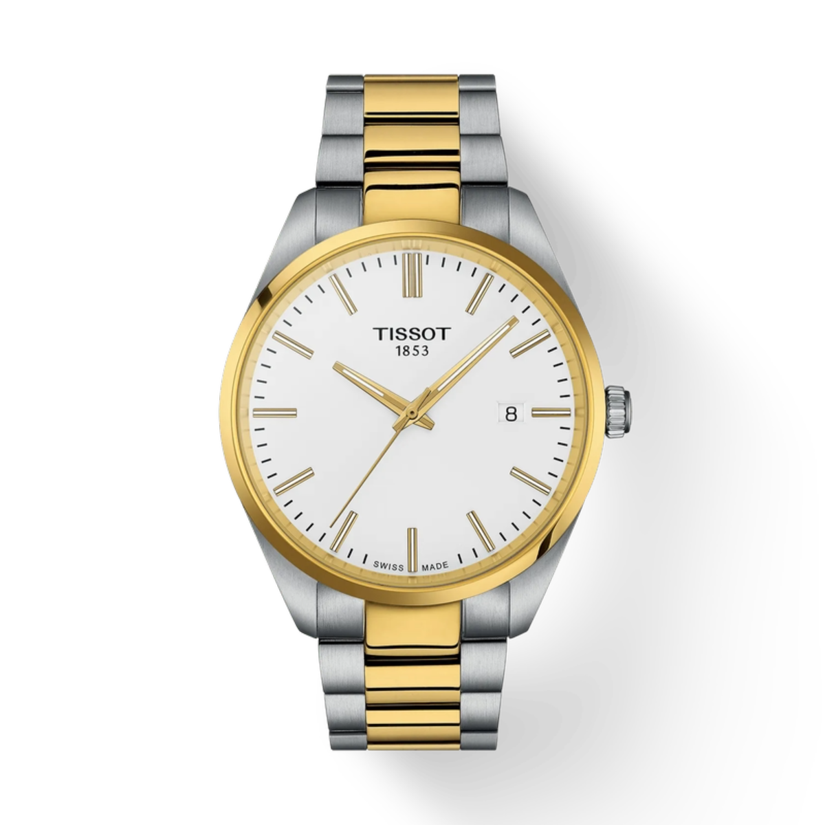 Tissot watch with two-tone gold and silver bracelet on a white background