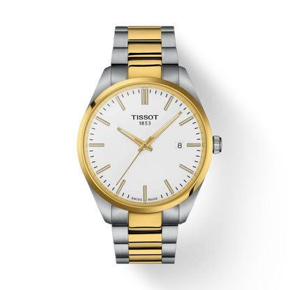 Tissot watch with two-tone gold and silver bracelet on a white background