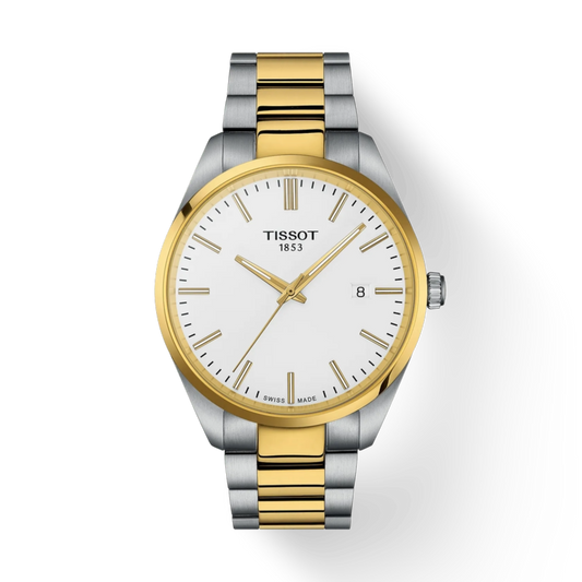 Tissot watch with two-tone gold and silver bracelet on a white background