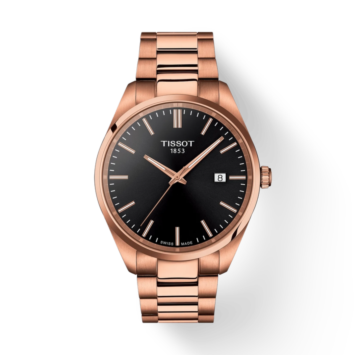 Rose gold Tissot watch with black dial on a white background