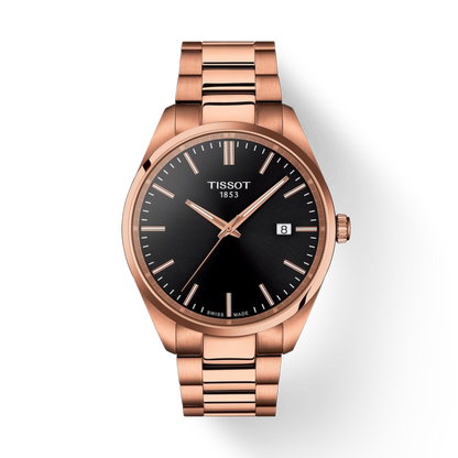 Rose gold Tissot watch with black dial on a white background