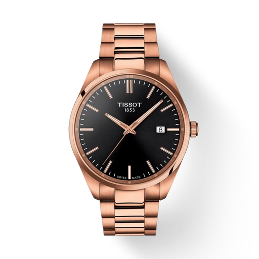 Rose gold Tissot watch with black dial on a white background